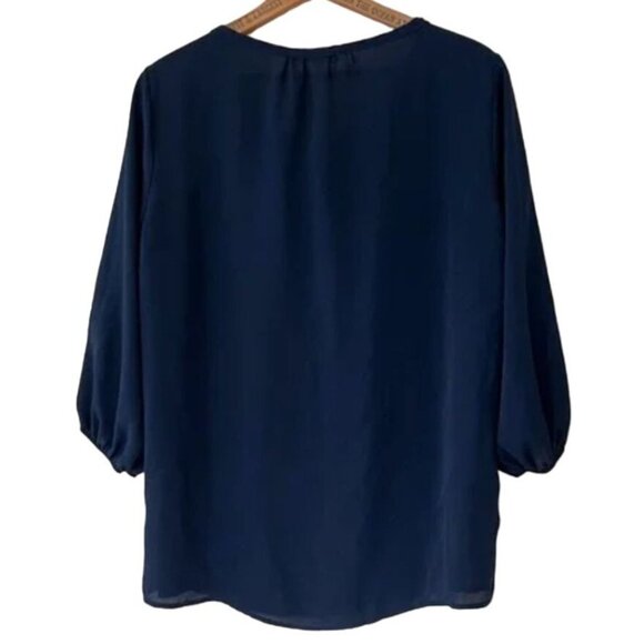 Anthropologie Pleione Blouse Women’s Size Small Navy Blue Tie Neckline Excellent - Picture 2 of 4